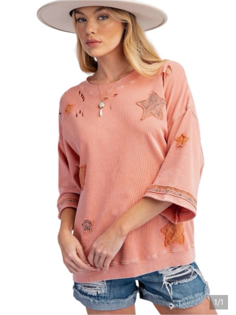 easel Peachy Coral Distressed Embroidered Star Patch Knit Top